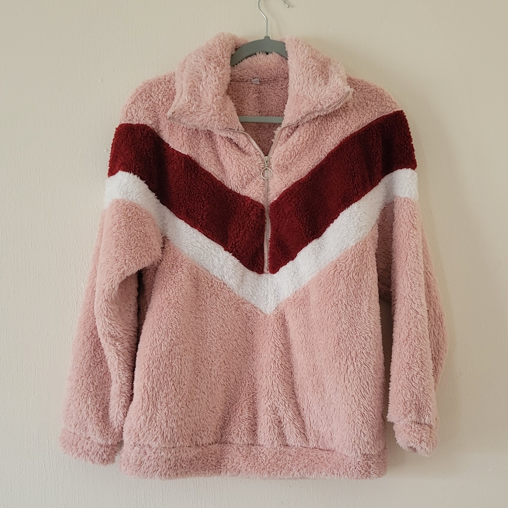 Chevron Pattern Half Zip Teddy Sweatshirt Size Small